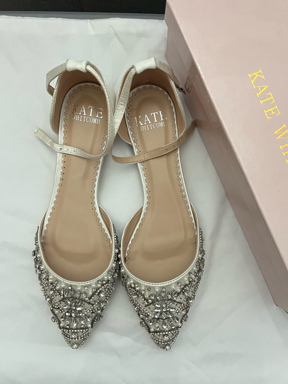 Kate Whitcomb Bridal Ivory Embellished Pointed-Toe Ankle-Strap Flats